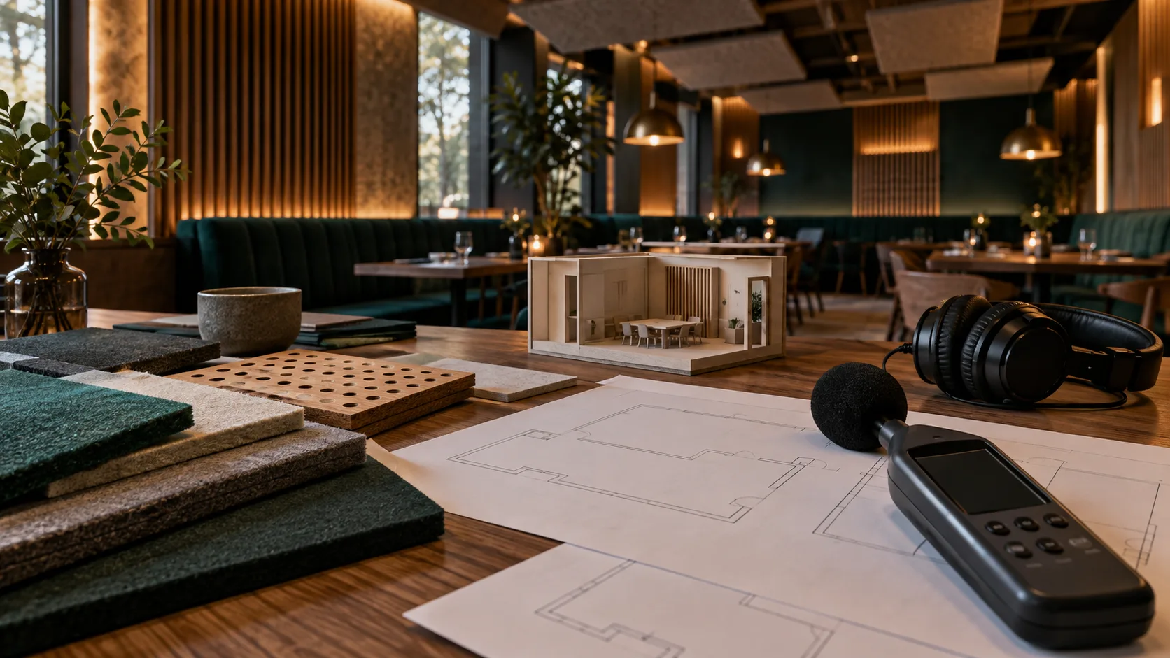 Acoustic material samples, a room model, plans and sound meter in a restaurant setting