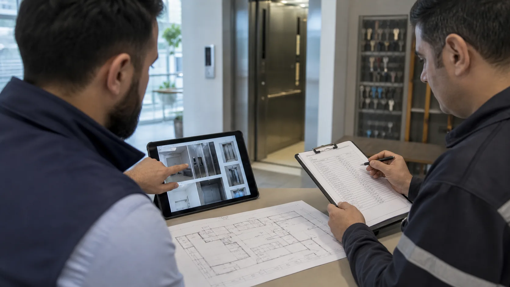 Elevator service team reviewing a building plan, lift photographs and a site survey checklist