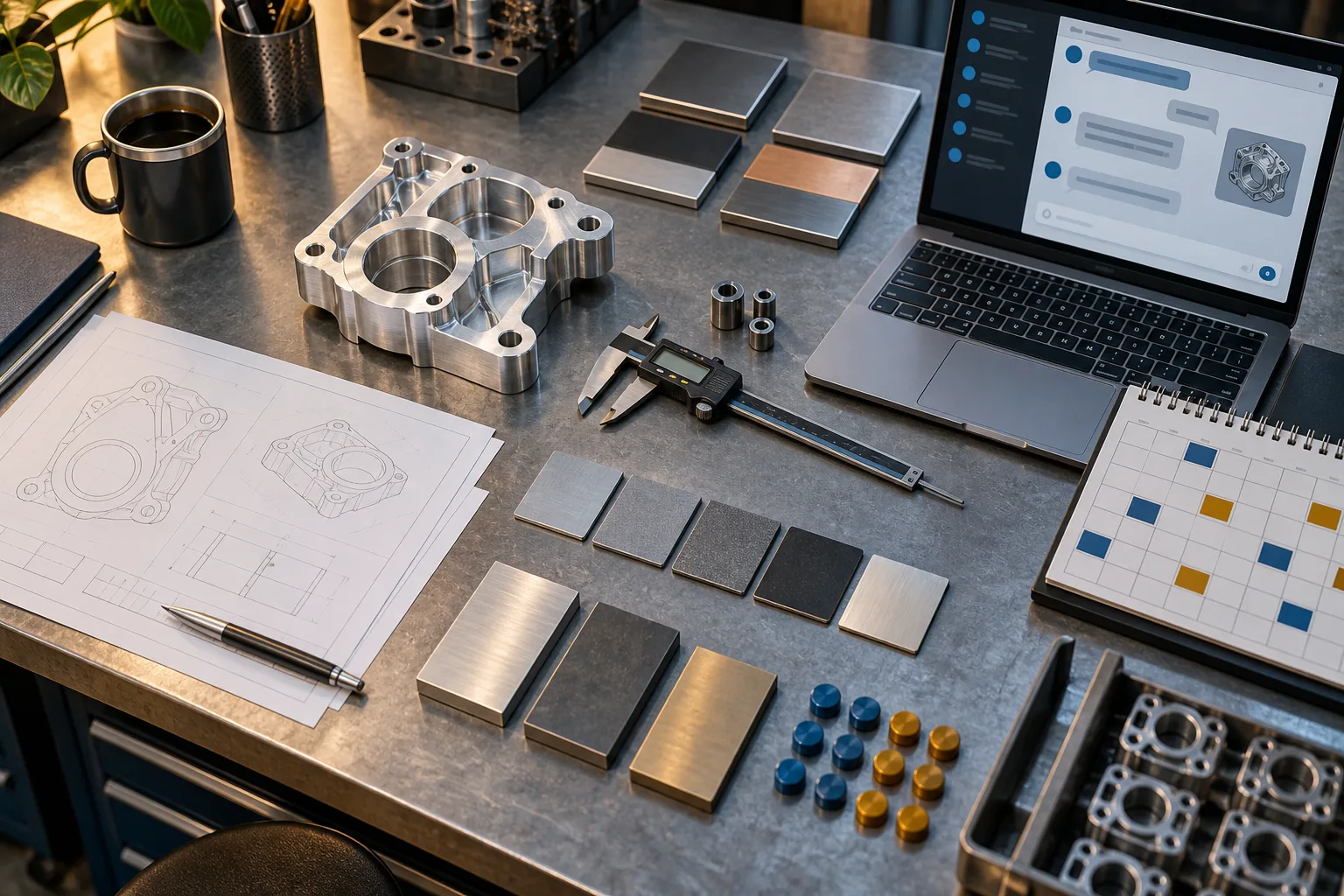 CNC fason imalat teknik teklifinde parça modeli, malzeme numunesi, ölçüm araçları ve web chat brifinin incelendiği mühendislik masası