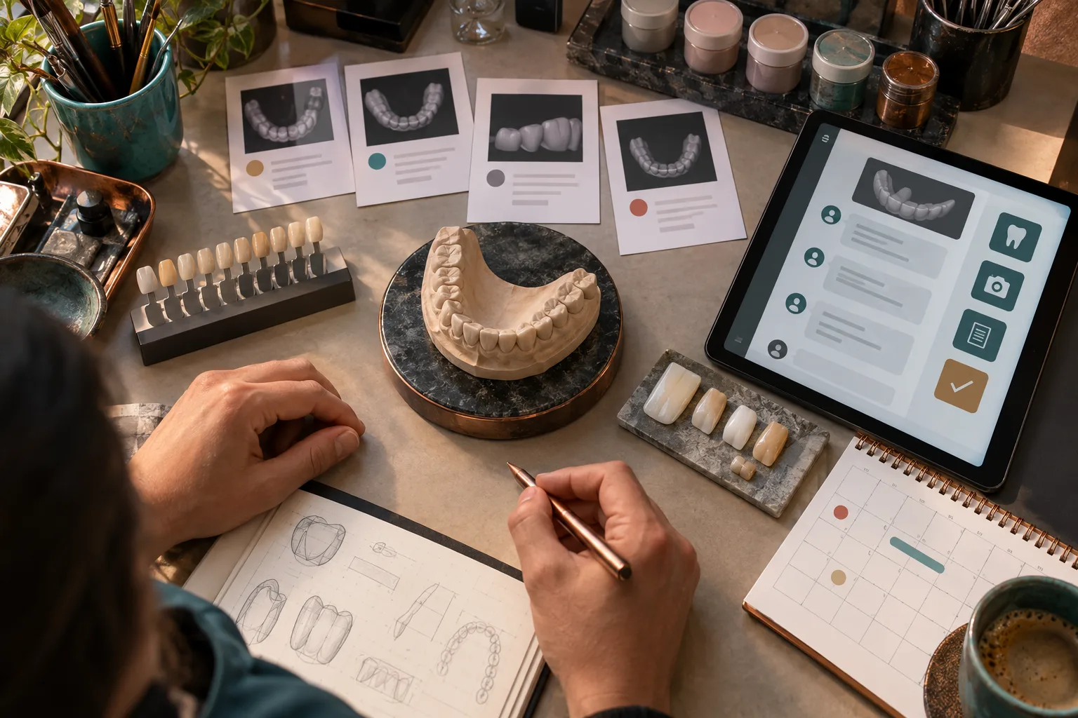 Dental prosthetics laboratory desk with model, scan revisions, shade guide and a structured web chat case-intake brief under review