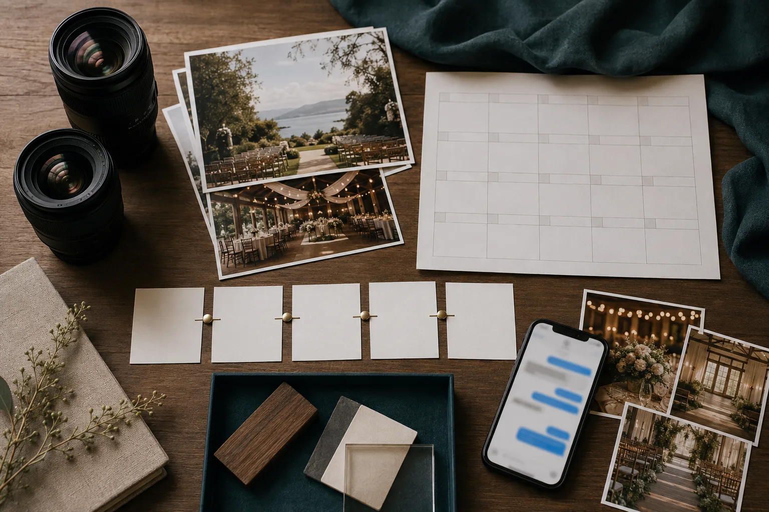 Camera lenses, venue references, shoot plan and Instagram DM screen arranged for a wedding photography enquiry