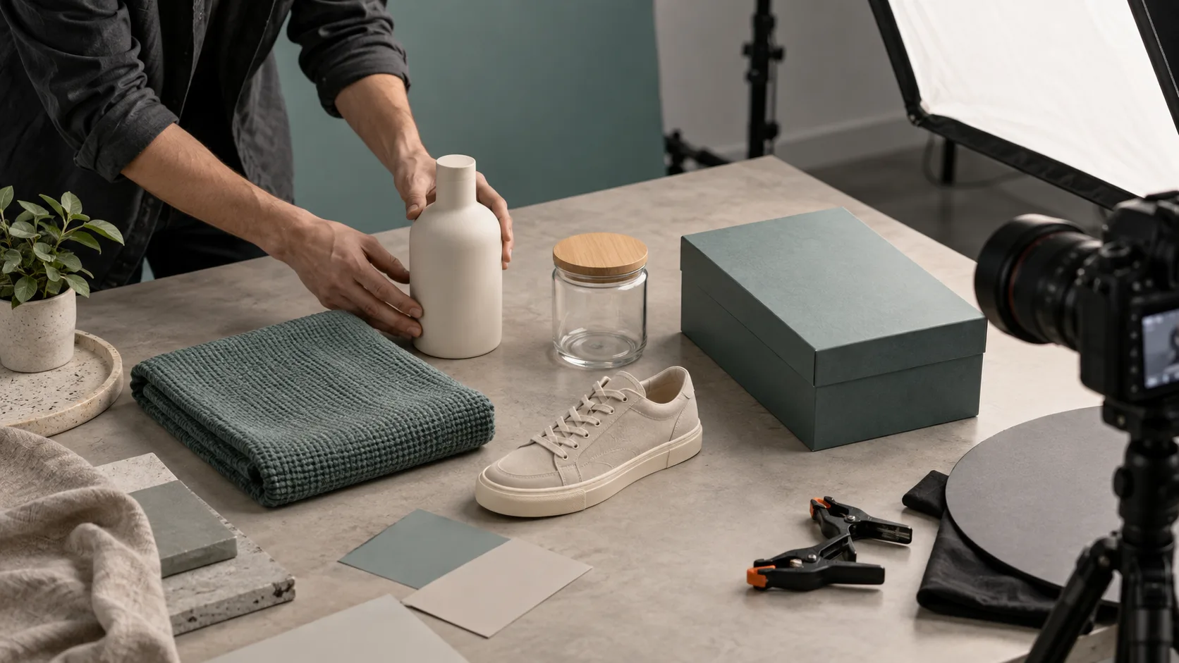 Team reviewing unbranded products, lighting and a shot plan in a commercial product photography studio