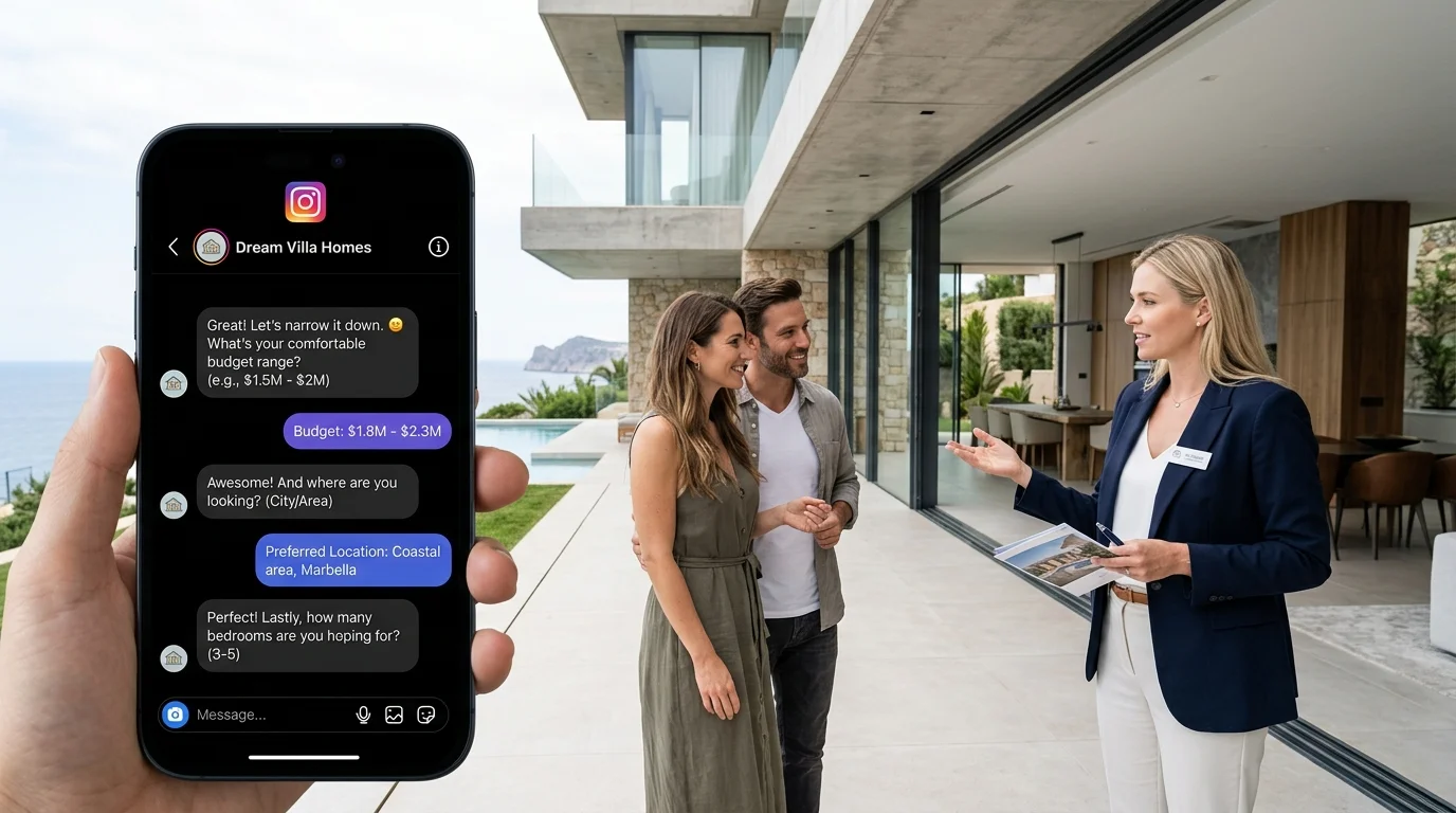 Real estate consultant showing an upscale villa while smartphone screen displays automated Instagram DM lead qualification