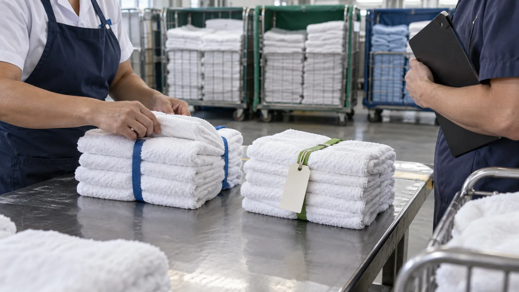 Otel tekstili paketlerini ve ayrı teslimat gruplarını birlikte sayan endüstriyel çamaşırhane çalışanları