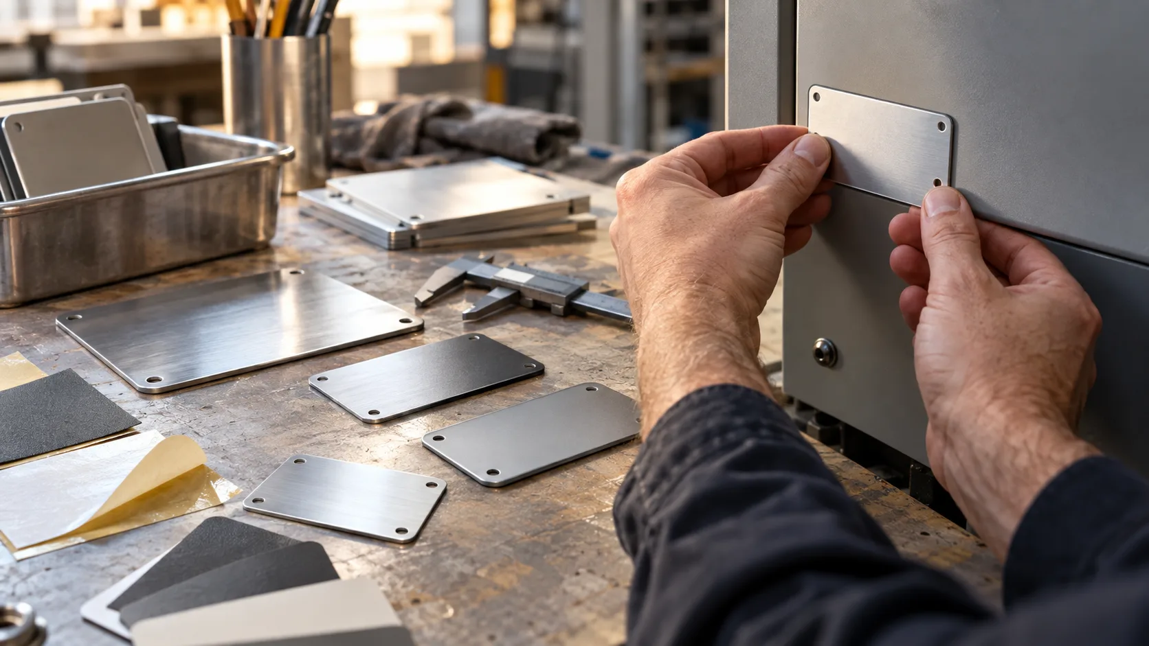 Manufacturing specialist comparing blank metal nameplates, polymer label samples and a mounting surface