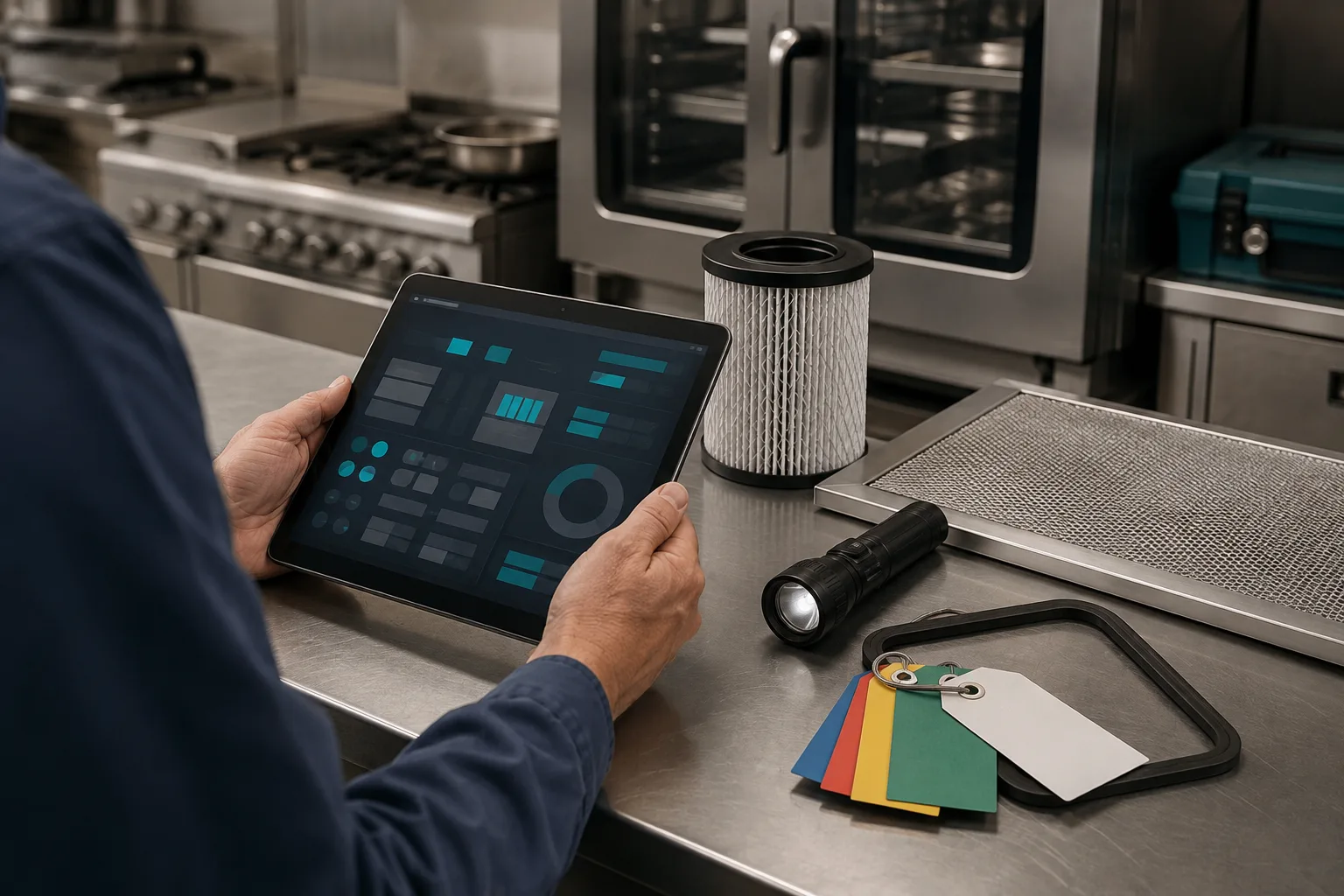 Technician preparing a commercial kitchen maintenance pre-intake record on a tablet