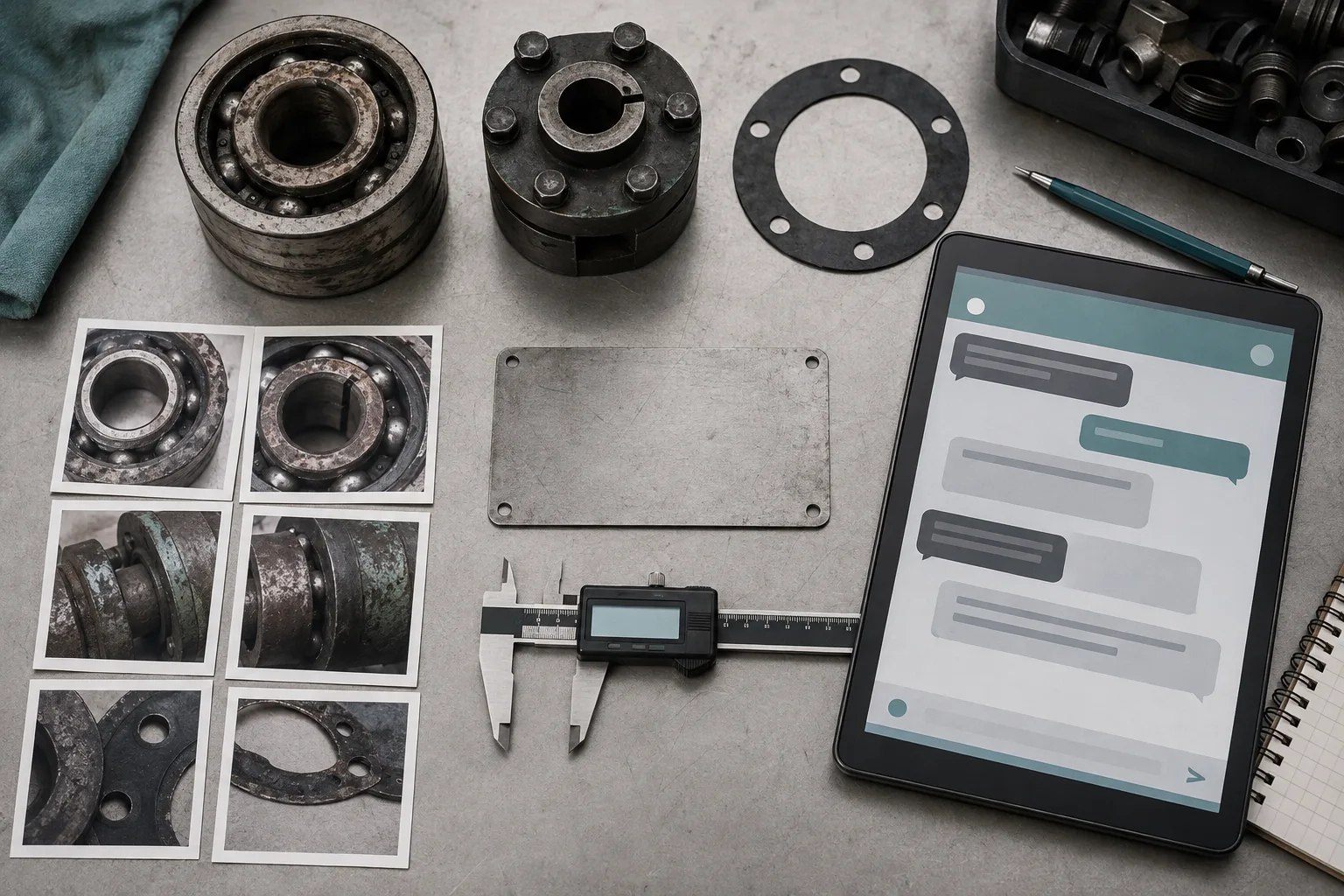 Bearing photographs, measuring tool and web chat record used for industrial spare-part matching