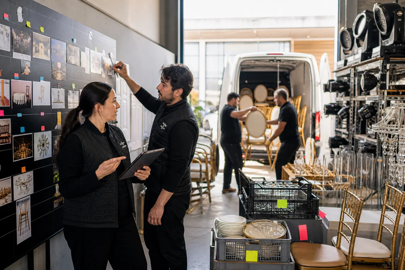 Event rental team matching an Instagram inquiry to equipment inventory and dispatch planning
