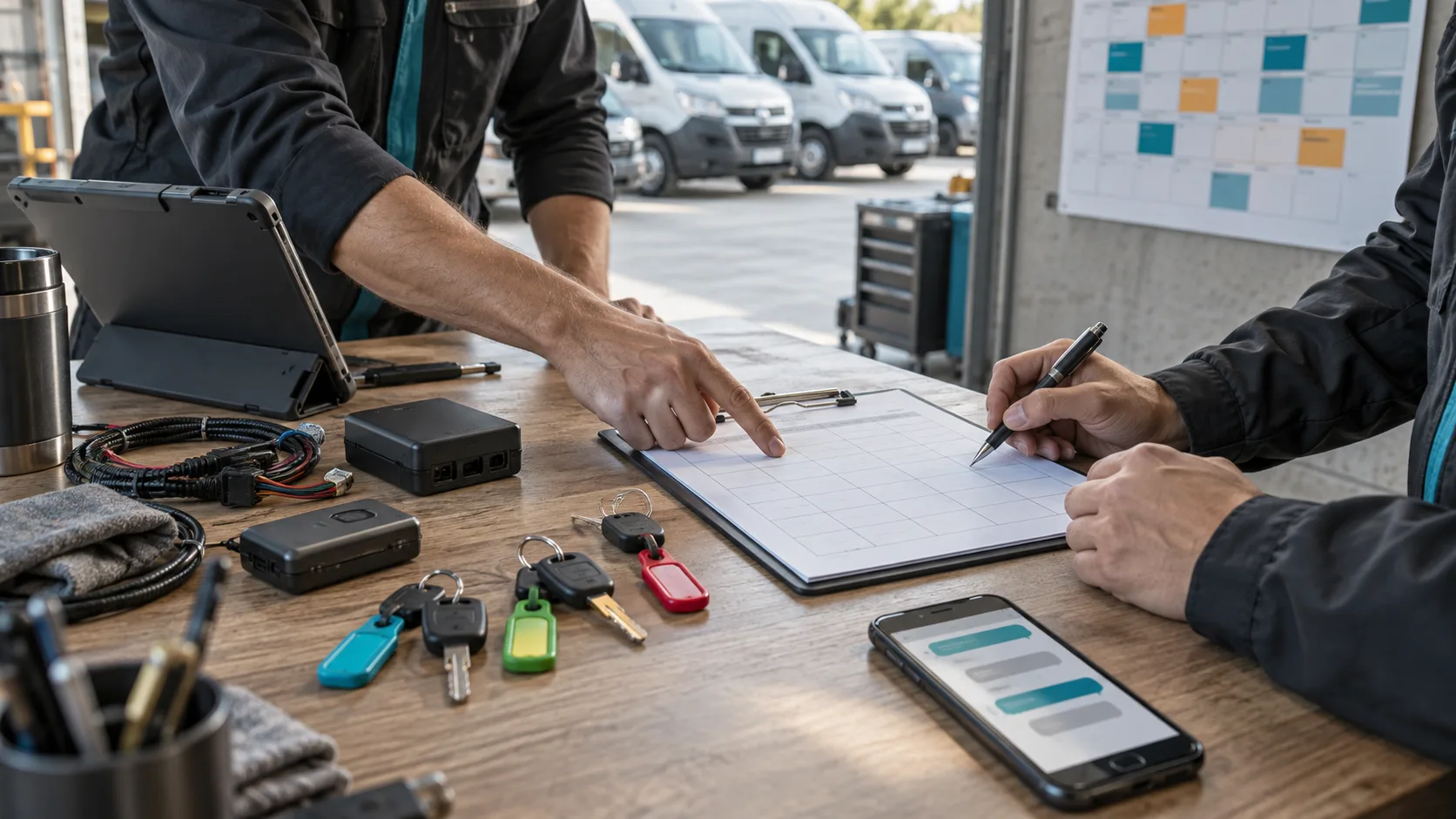 Field technicians reviewing fleet tracking devices, vehicle keys and an installation schedule at a depot