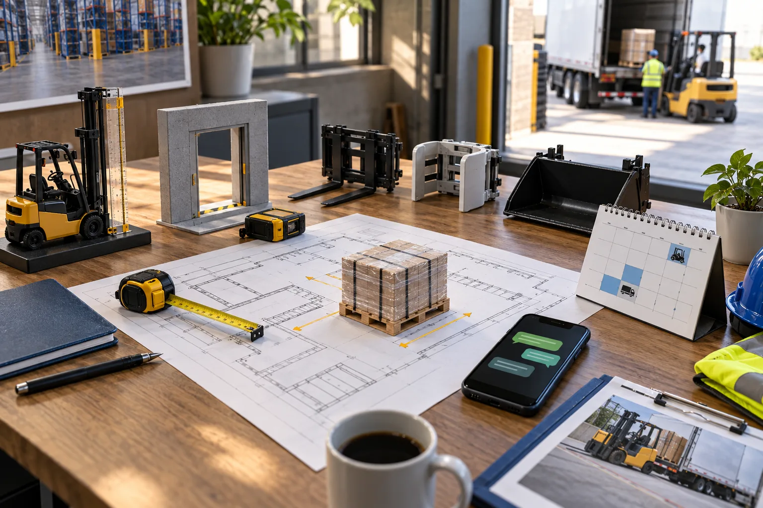 Forklift rental operation reviewing a load model, warehouse aisle dimensions, delivery calendar and structured WhatsApp site brief