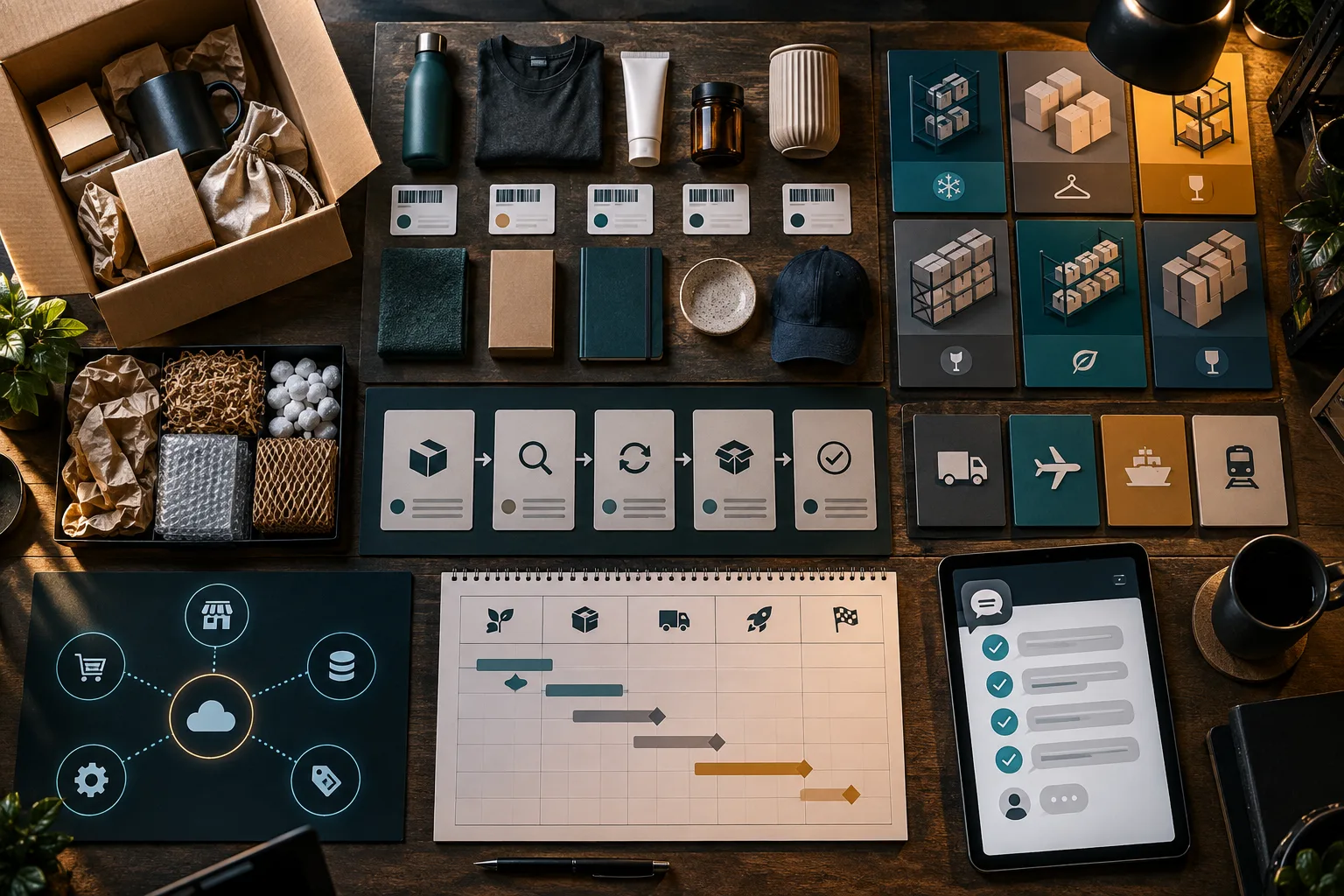 Ürün örnekleri, raf bölgeleri, paketleme seçenekleri, iade kartları ve web chat onboarding kontrolünün bulunduğu fulfillment proje masası