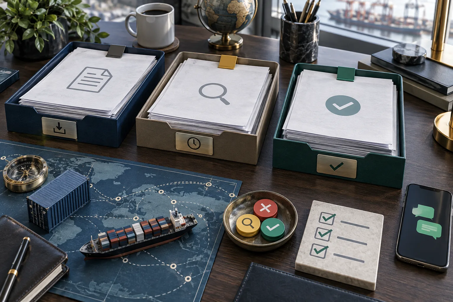 Customs brokerage operations desk with shipment documents, container model, checklist and structured WhatsApp intake record
