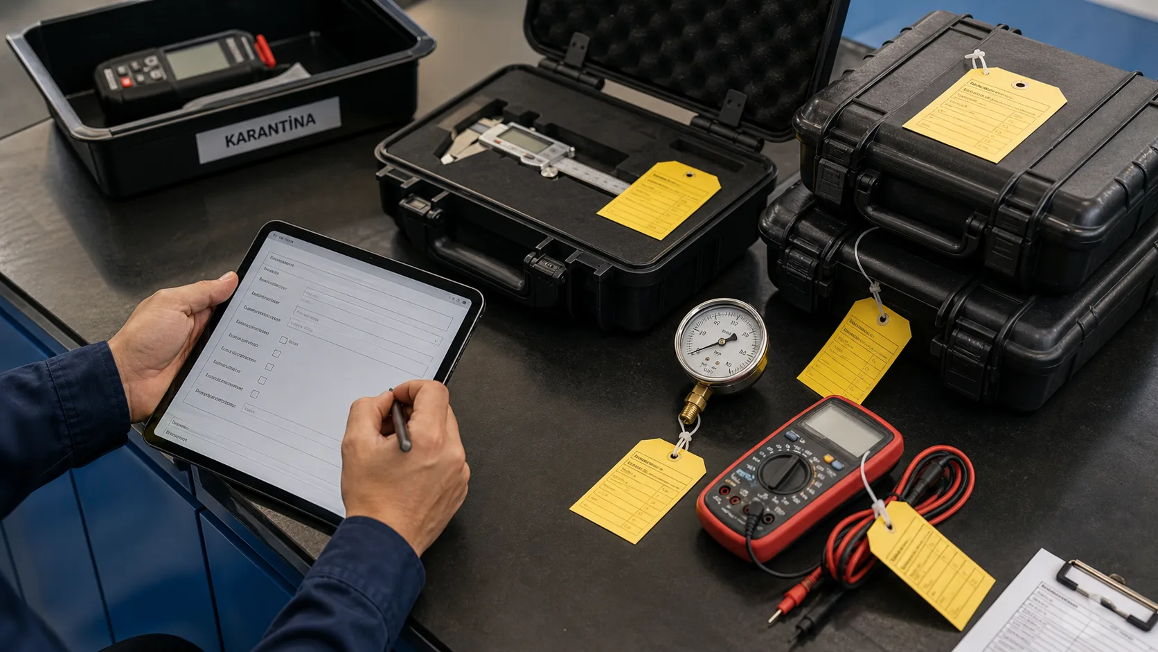 Calibration laboratory recording instruments, protective cases and intake details in an organised workflow