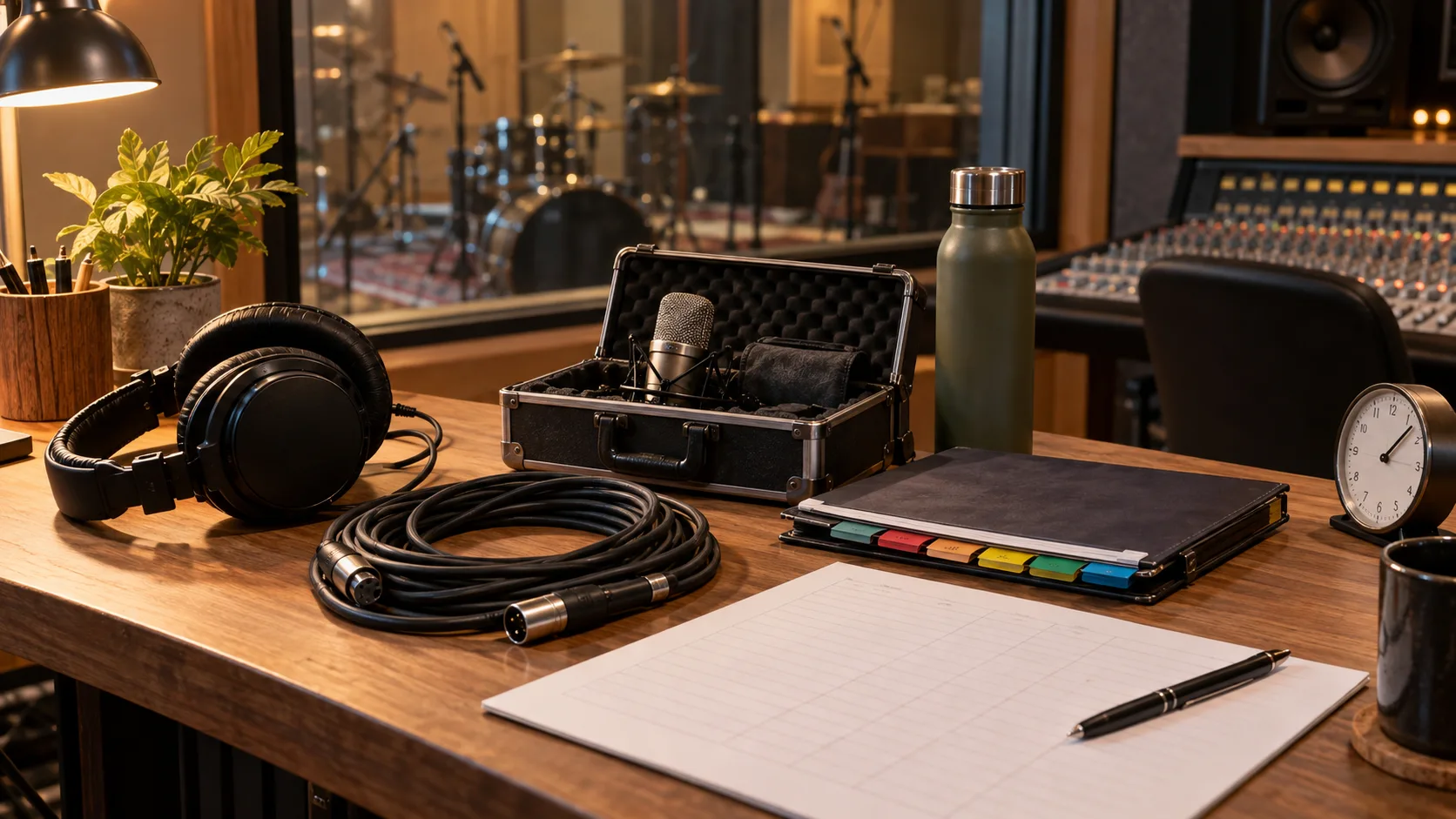 Microphone, headphones, cables and a blank tracking sheet prepared before a recording session