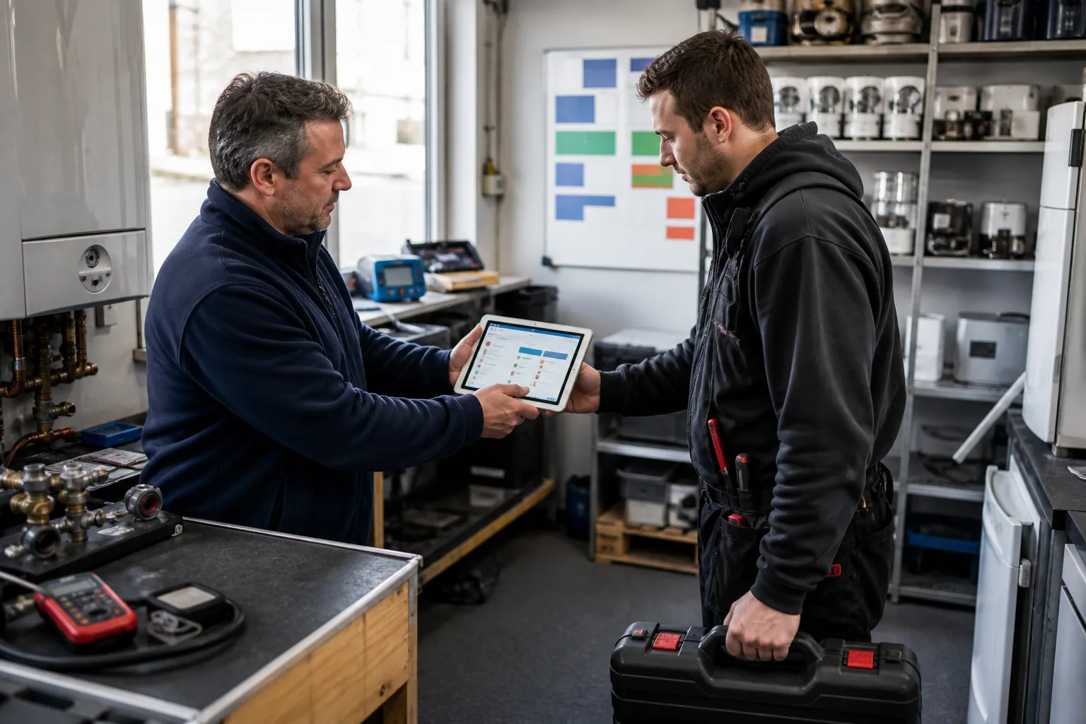 Boiler service coordinator handing a structured web chat fault summary to a field technician