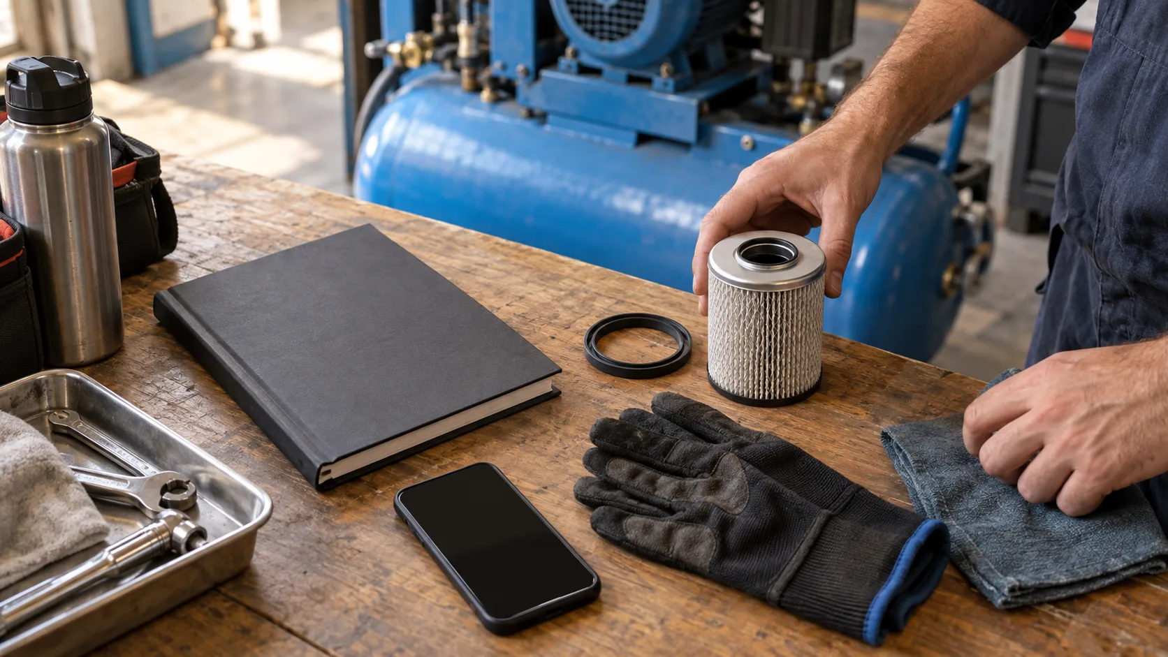 Filter, seal, gloves and phone on a desk prepared for a compressor service visit