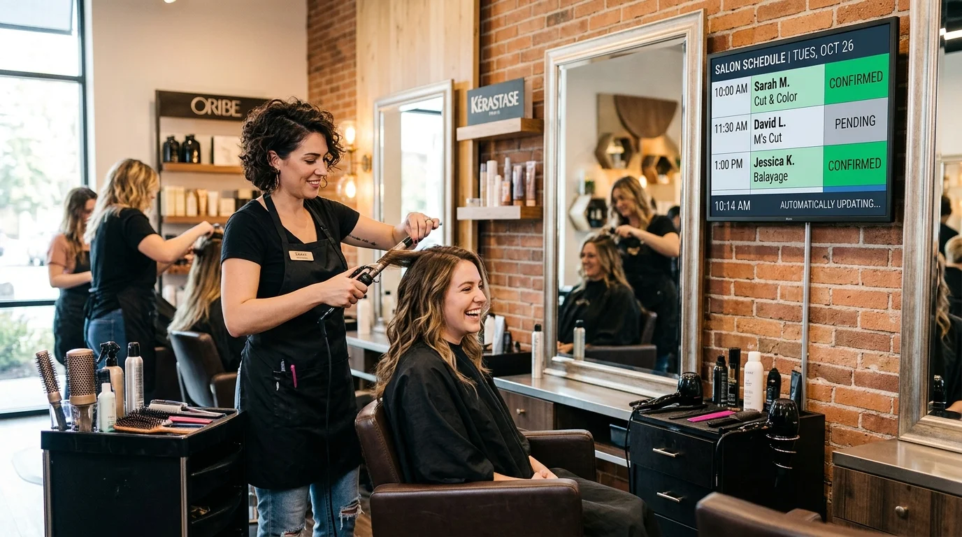 Digital calendar display inside a vibrant salon updating automated WhatsApp bookings and client confirmations