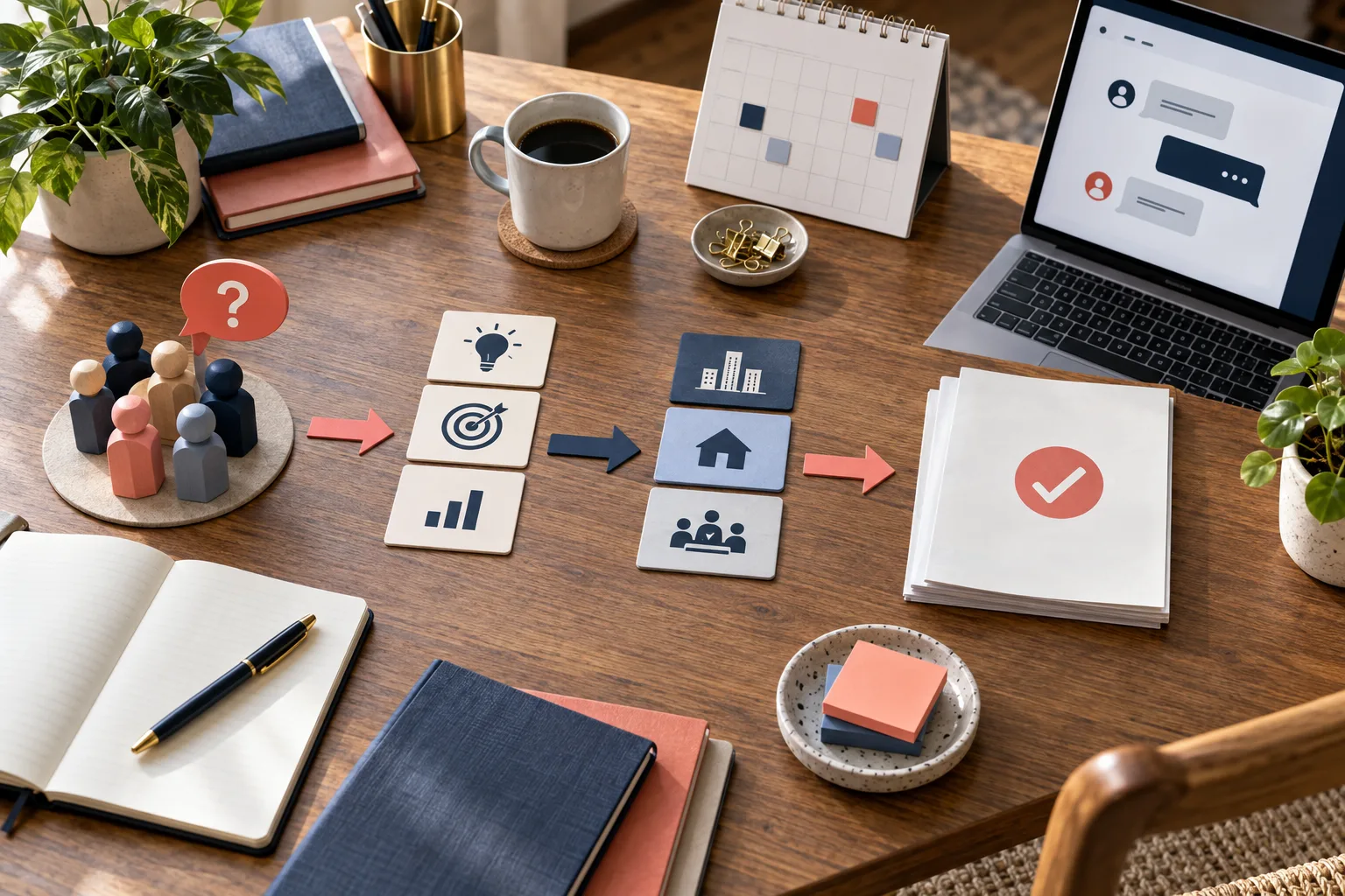 Corporate learning consultant reviewing participant profiles, learning goals and a structured web chat needs brief