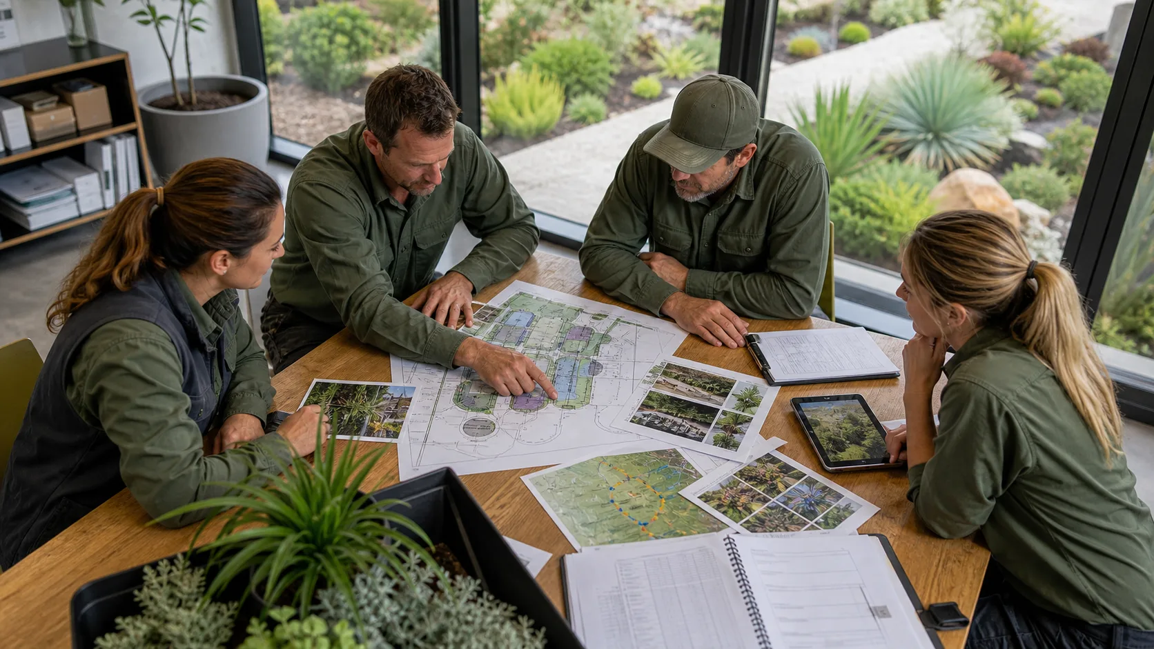 Commercial landscaping team reviewing a site plan, irrigation zones and maintenance photographs together