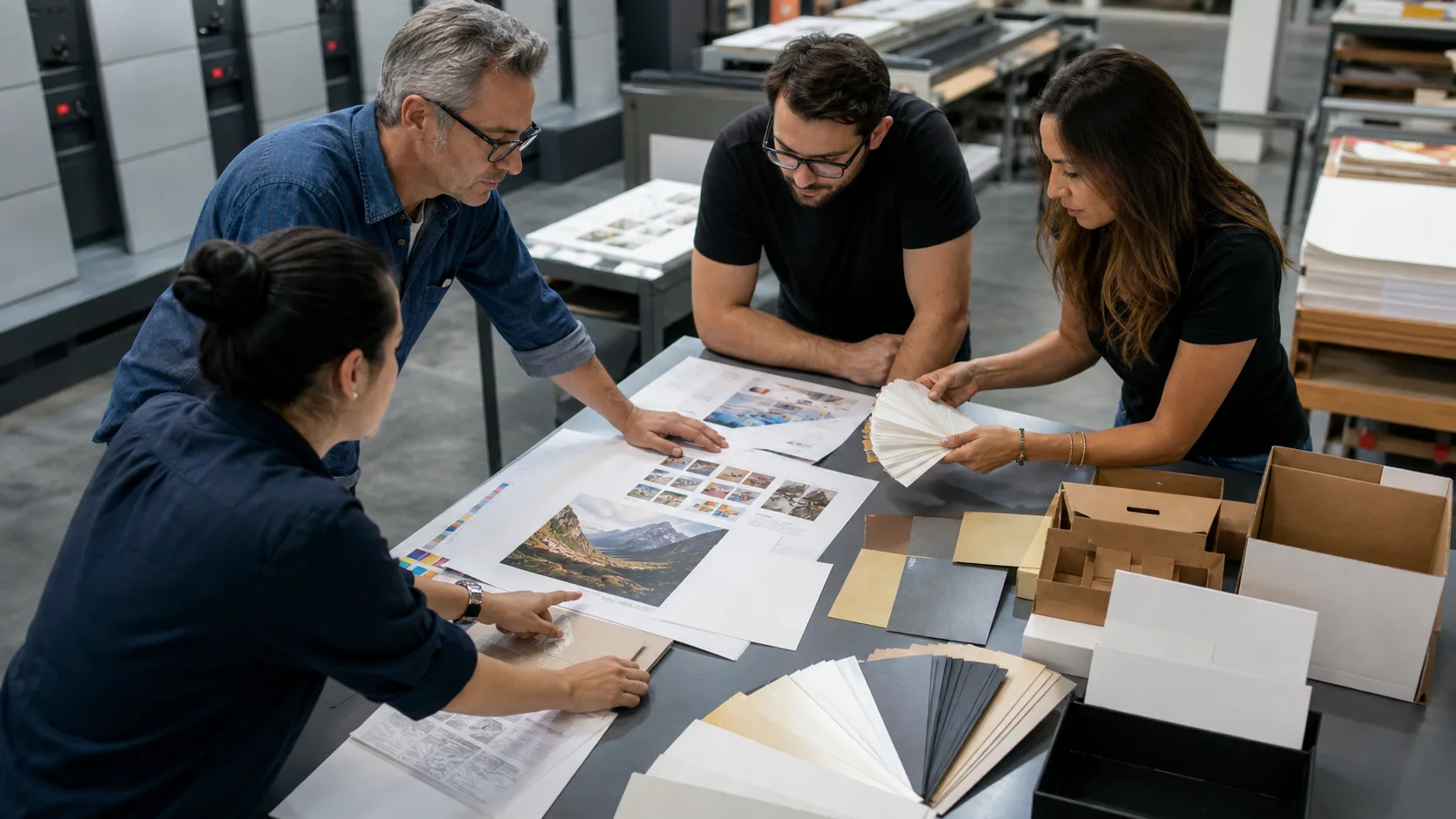 Commercial print team reviewing a quote brief, printed proof, paper samples and finishing options
