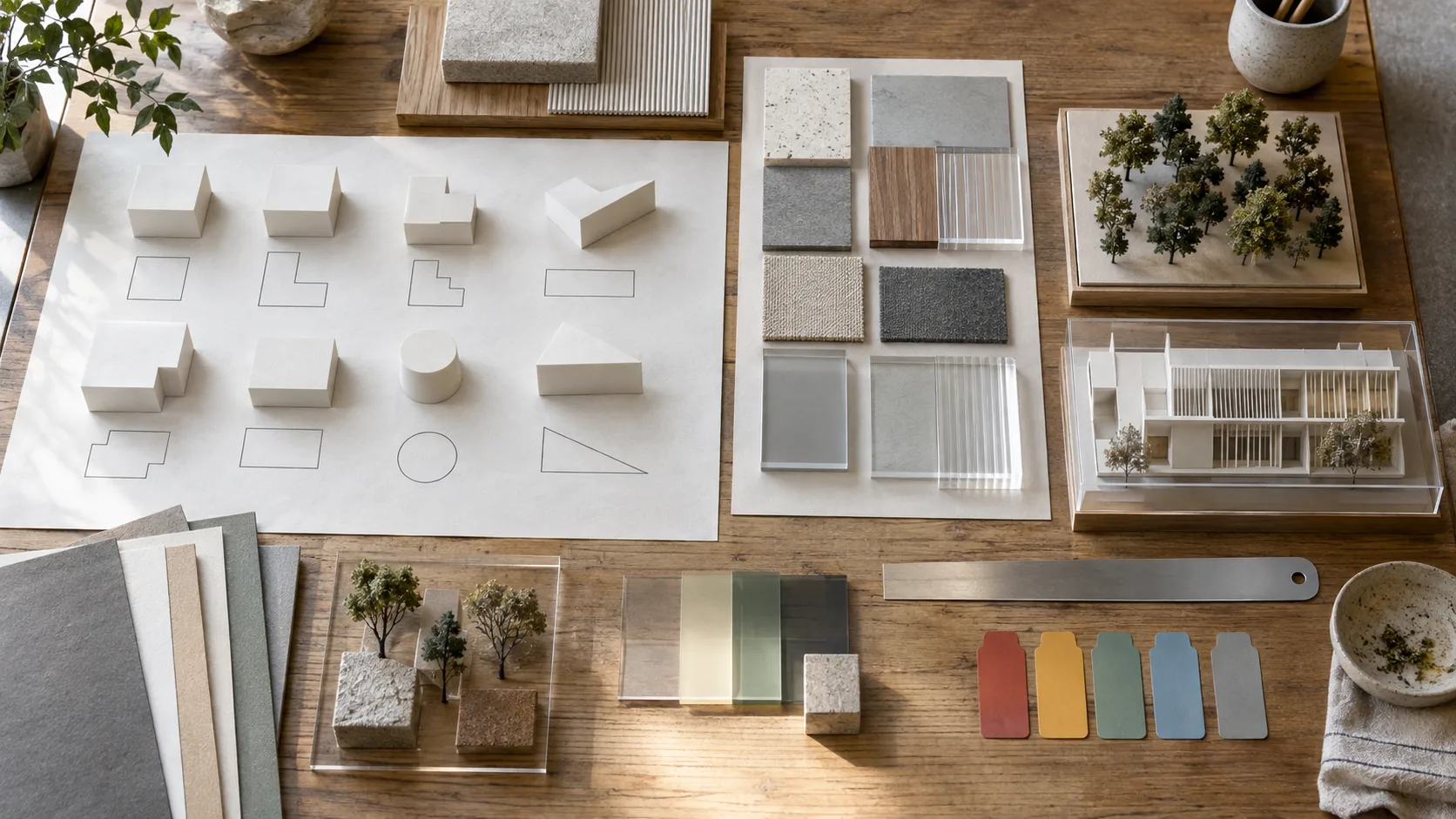 Text-free massing studies, material samples and model components for an architectural scale model