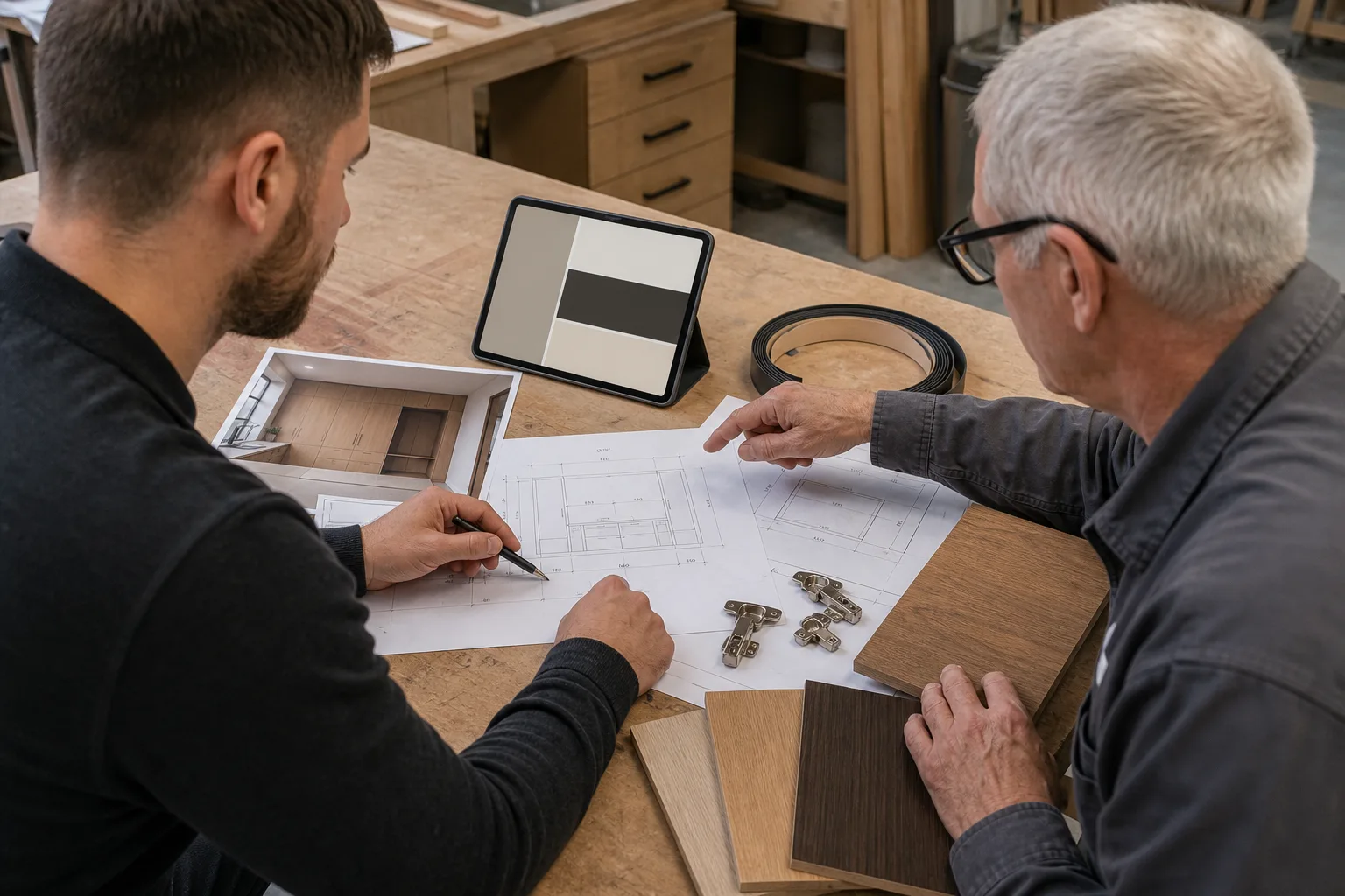 Furniture makers comparing WhatsApp measurements, material samples and installation details for a custom cabinet