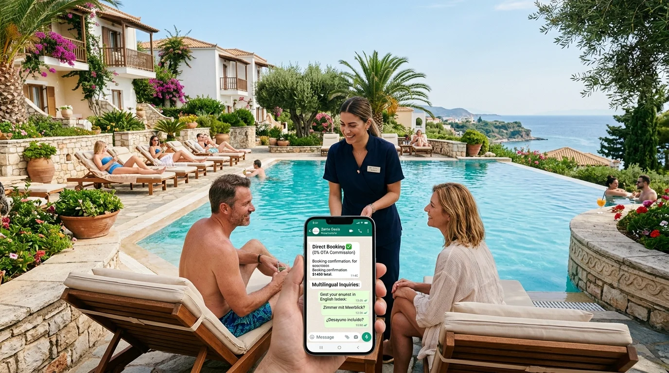 Boutique hotel resort pool view with smartphone display showing automated 0% OTA commission WhatsApp direct bookings