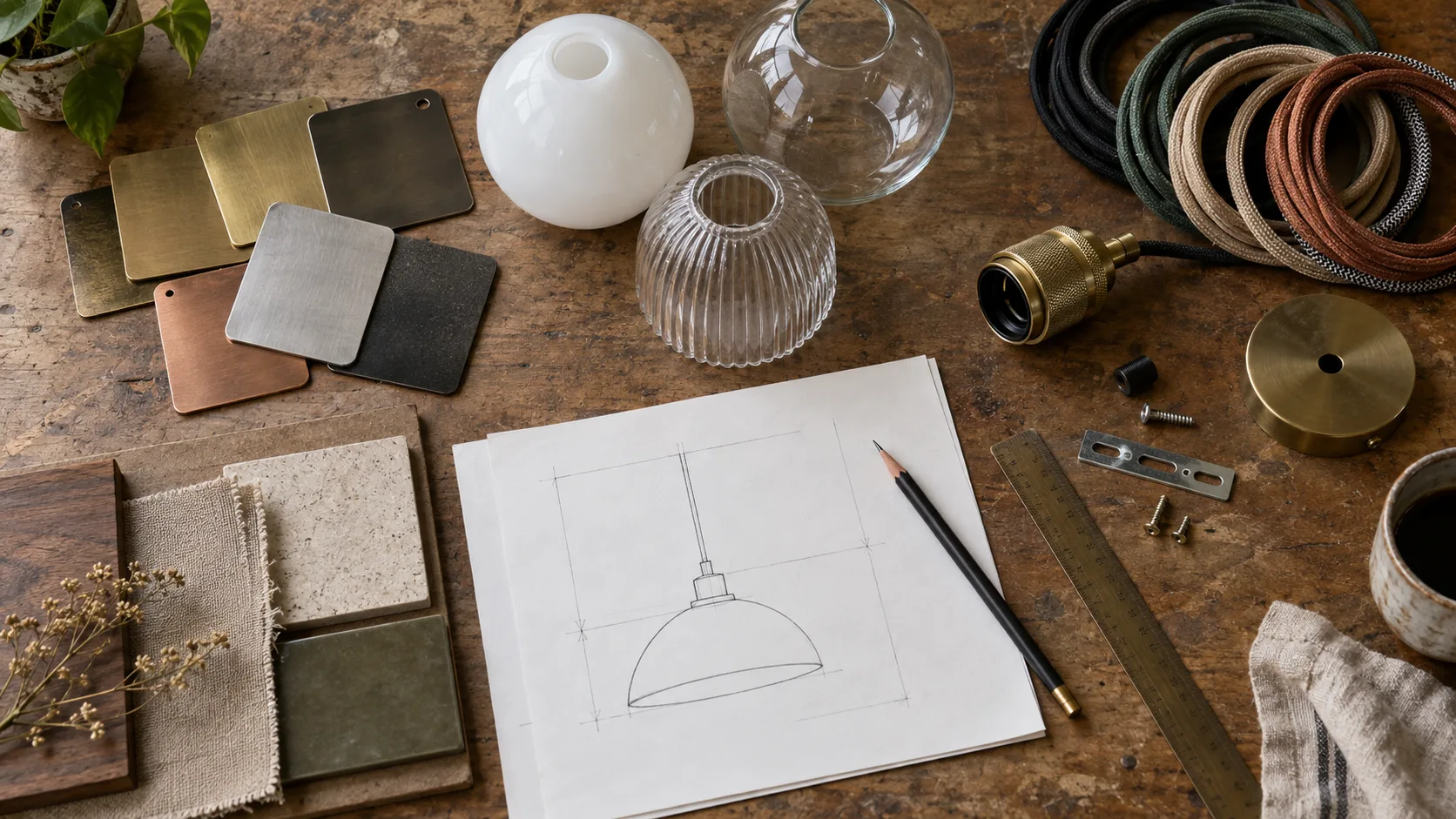 Metal, glass and cable samples beside a dimension sketch for a bespoke lighting project