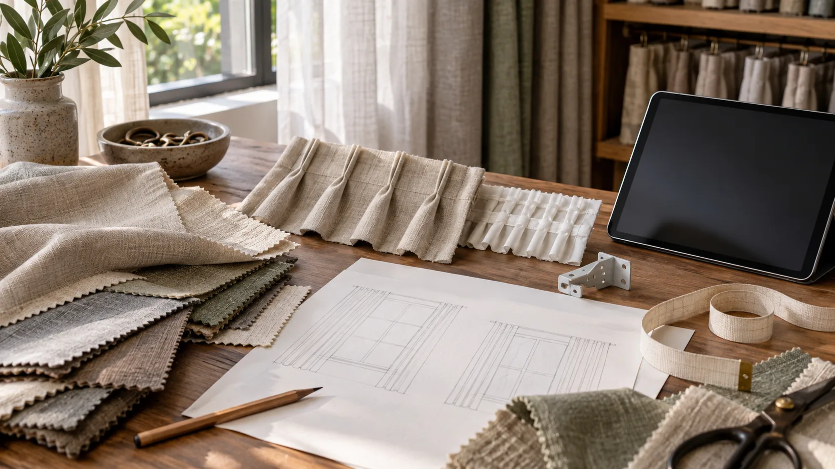 Fabric and heading samples, track bracket and window sketch on a curtain workshop table