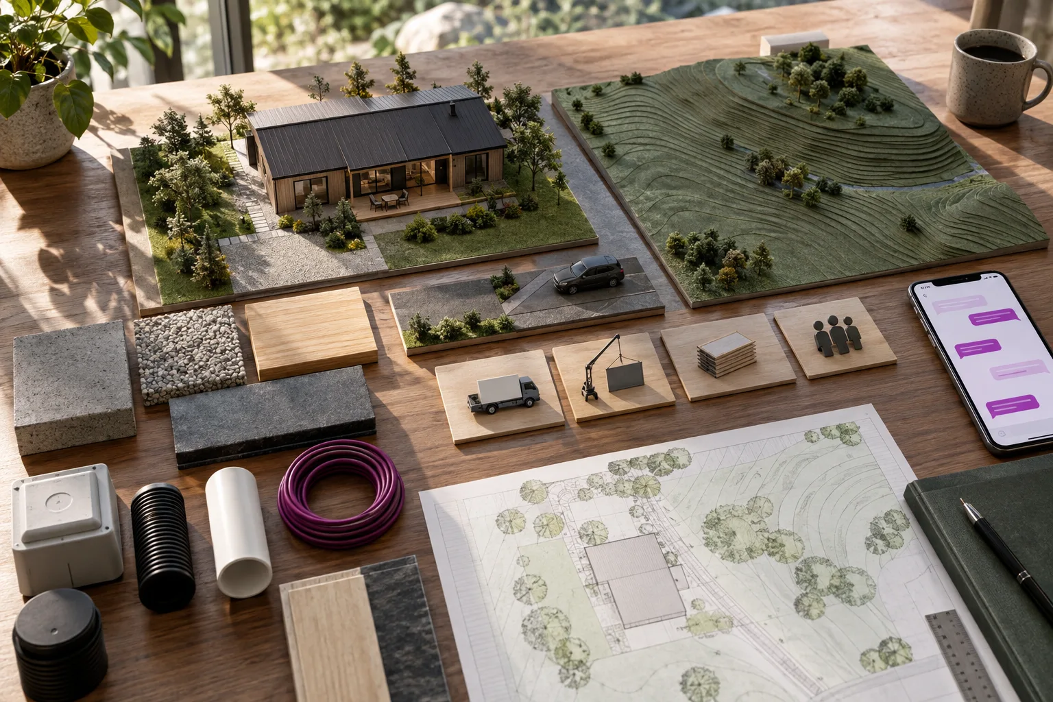 Prefabricated home producer reviewing site photographs, access plan, building sample and structured Instagram DM brief