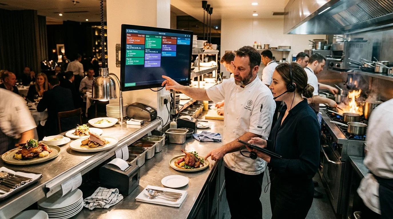 Executive chef and floor manager managing digital orders and table reservations at a busy restaurant pass