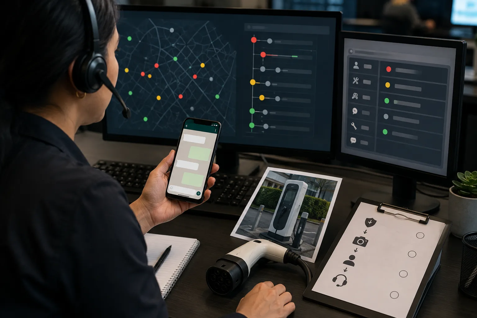 Operations team reviewing EV charger identity, connector photograph and a structured WhatsApp fault record