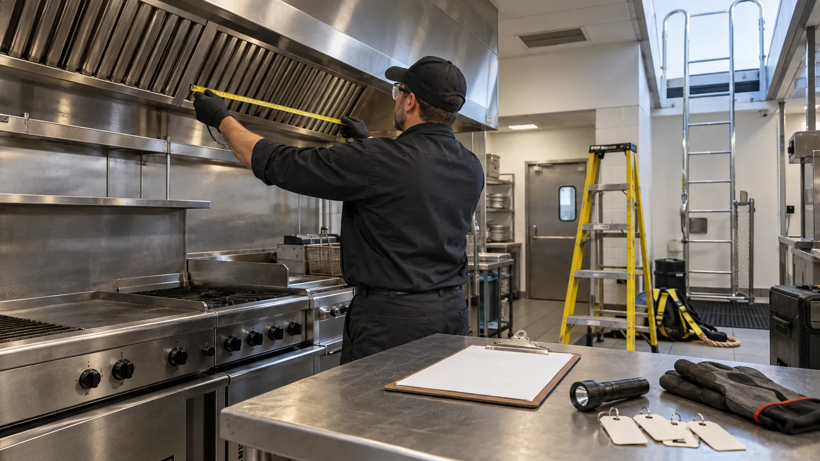 Technician measuring a commercial kitchen hood beside access-planning equipment
