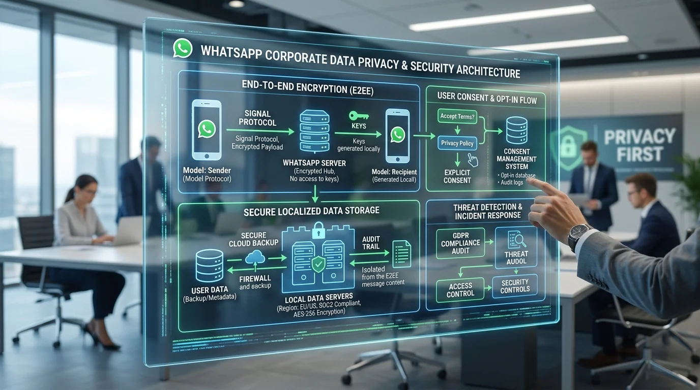 Corporate data privacy and end-to-end encryption architecture diagram for enterprise WhatsApp chatbots