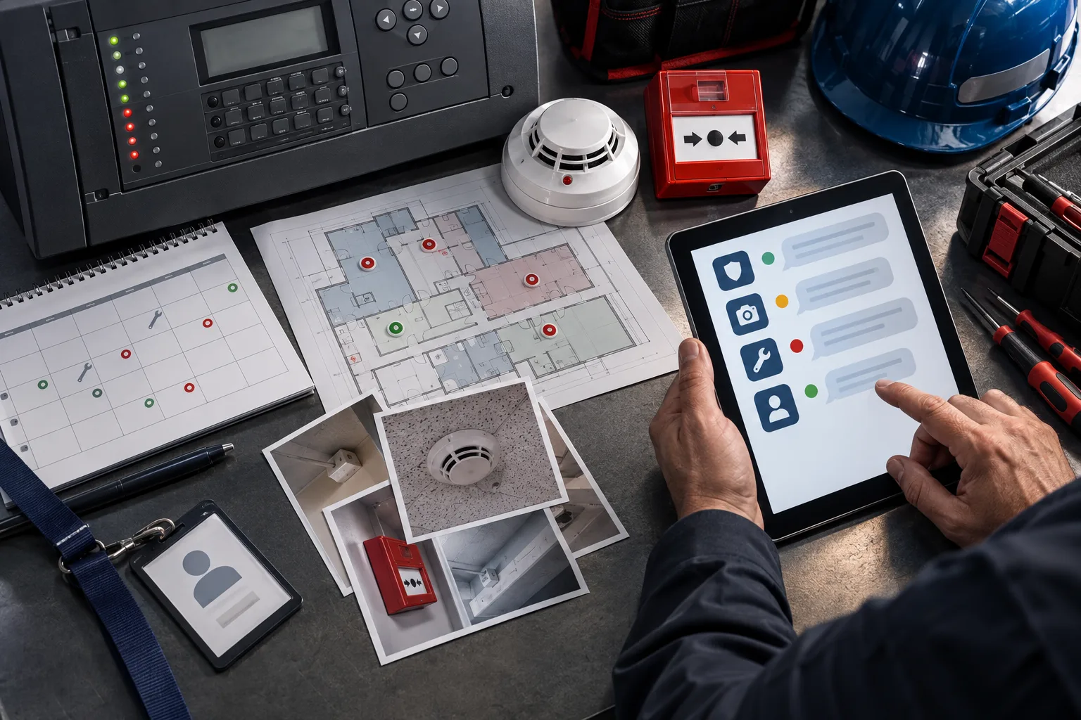 Technical desk with fire detection panel, detector, zone plan, evidence photos and a structured messaging service-intake record