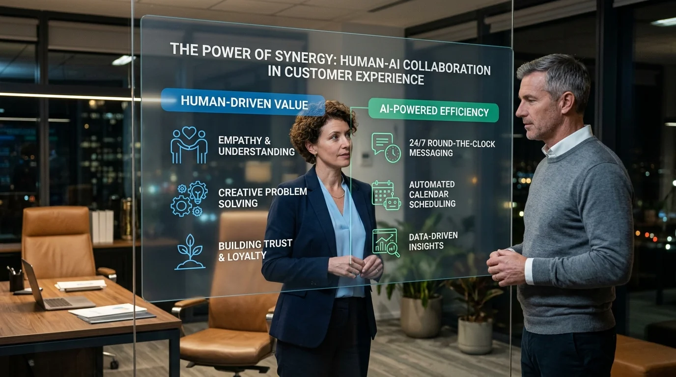 Executive comparison display showing human emotional value side-by-side with 24/7 AI-powered communication efficiency