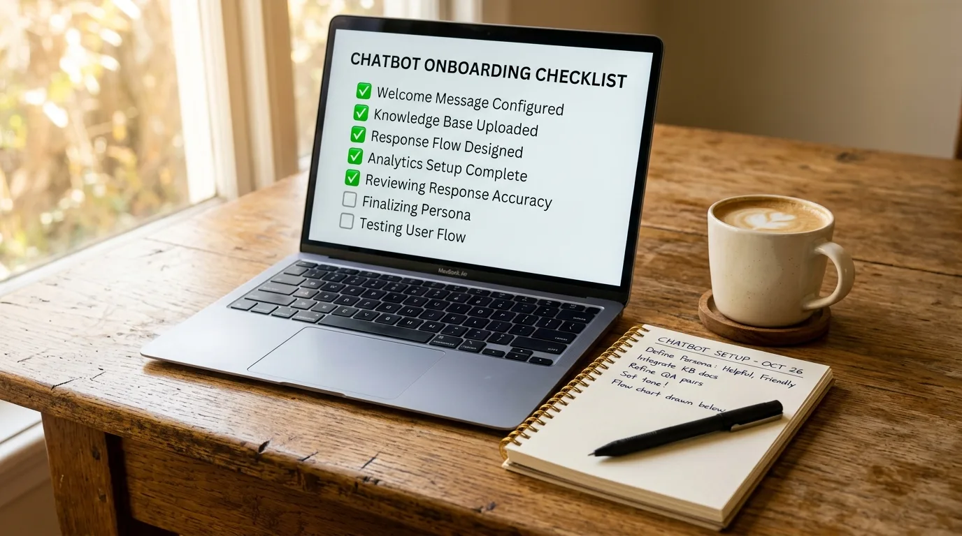 4-step AI chatbot deployment, knowledge base ingestion, and multi-channel publication workflow diagram