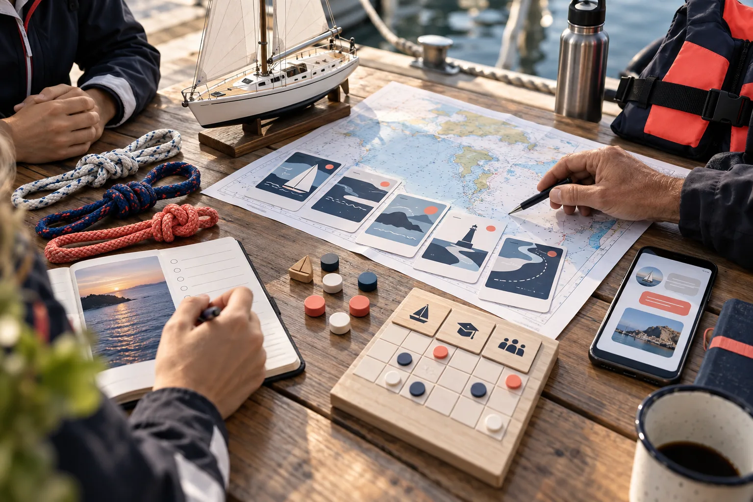 Sailing instructor reviewing route cards, lesson calendar and a structured Instagram DM intake record at a marina table